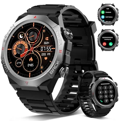Militär Smartwatch für Herren und Damen, 1,39" Touchscreen, IP68 wasserdicht, 110+ Sportmodi, für iOS und Android, Schwarz