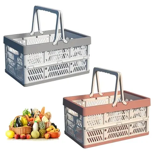 SPORWAY 2er-Set Einkaufskorb Klappbox mit Henkel, faltbar und stabil, ideal für Supermärkte, Picknicks und mehr (30,5 x 20,5 x 16,5 cm)