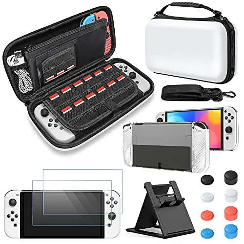 FYOUNG Zubehör Set für Nintendo Switch OLED mit Tragetasche, Displayschutz und Joystick-Kappen – Weiß