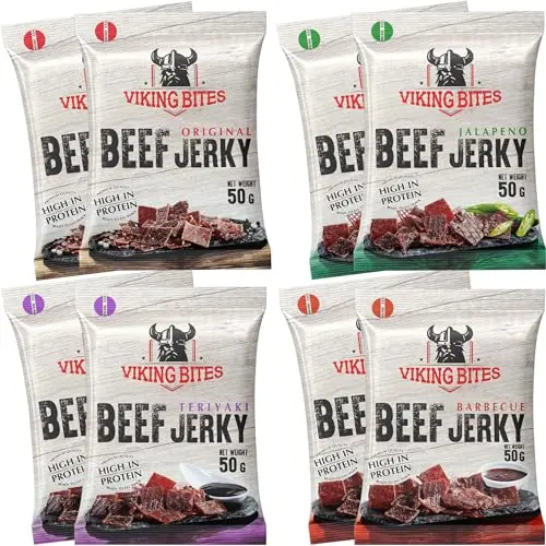 Viking Bites Beef Jerky Mischkarton 400g – 2x Original, 2x Jalapeno, 2x Barbecue, 2x Teriyaki – Hochwertiger Fleischsnack