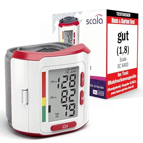 scala SC 6400 Rot Handgelenk-Blutdruckmessgerät mit WHO-Indikator, 85 Speicher, inklusive Box & Batterien