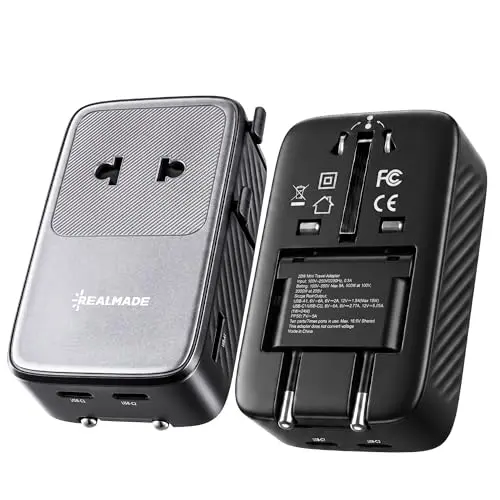 Reiseadapter 25W mit Schnellladung, 5 Ports (USB-A, USB-C, Netzanschluss), Typ C/G/I/A, Schwarz-Grau