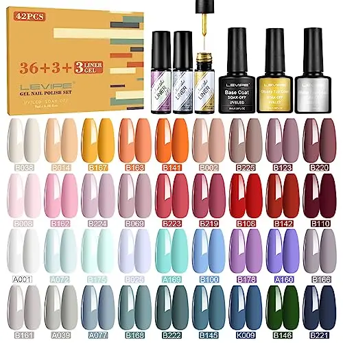LEVIPE UV Nagellack Set, 42-teilig - Glänzend & Matte Überlack, Gellack Shellac für kreatives Nageldesign