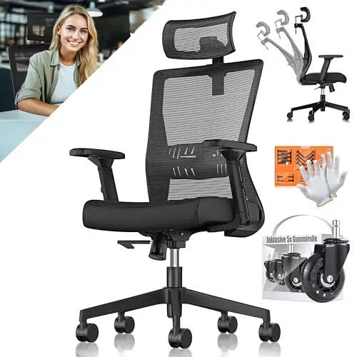 KESSER® Ergonomischer Bürostuhl mit verstellbaren Armlehnen und Kopfstütze | Rückenschonend mit Wippfunktion