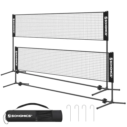SONGMICS Badminton- und Volleyballnetz, 4 m, tragbares Set für Garten und Outdoor, höhenverstellbare Stangen, Schwarz