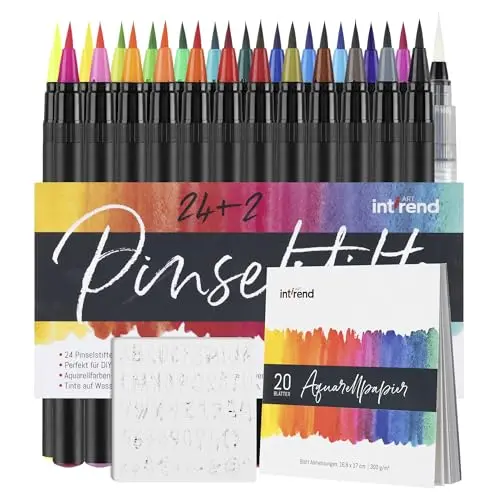 int!rend Aquarellstifte Set - 24 Pinselstifte & 2 Wasserpinsel mit 20 Blättern Aquarellpapier und 5 Schablonen