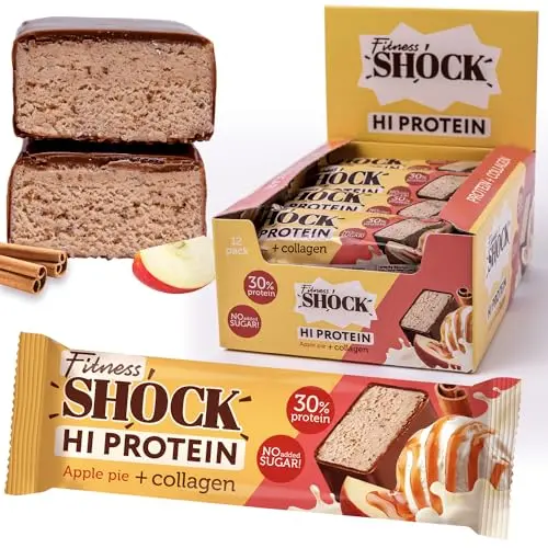 FitnesSHOCK Proteinriegel Set – 12 Riegel, 30% Protein, ohne Zucker, mit Kollagen, low carb, ballaststoffreich, kalorienarm, Apfelkuchen-Zimt-Geschmack