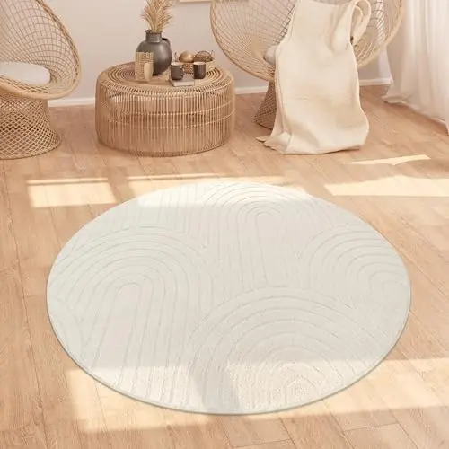 Paco Home Hochflor Teppich rund für Wohnzimmer und Schlafzimmer, Creme, 160 cm, Boho Design