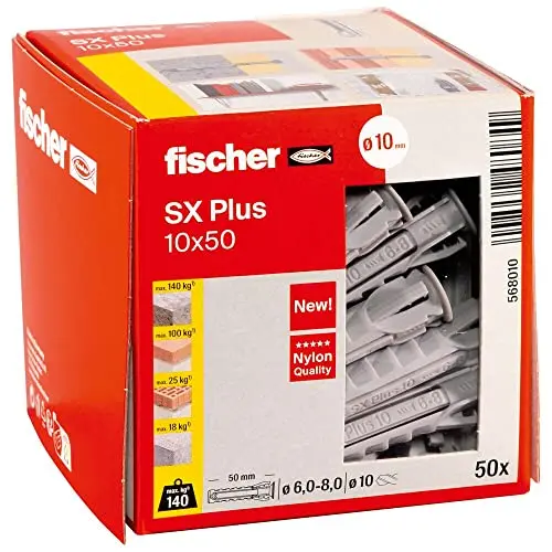 fischer Spreizdübel SX Plus 10 x 50, 50 Stück Nylondübel für Beton, Ziegel, Porenbeton & Hochlochziegel