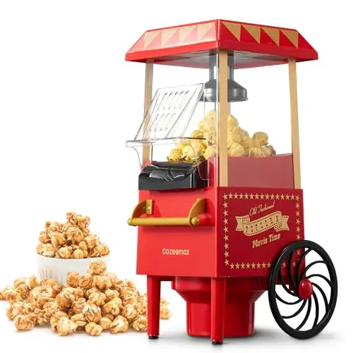 Cozeemax Retro Popcornmaschine 1200W - Fettfreier Popcorn Maker für Zuhause, einfache Ein-Taste-Bedienung, rot