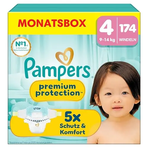 Pampers Premium Protection Größe 4, 174 Windeln, optimaler Haut- und Auslaufschutz für 9kg-14kg
