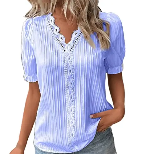 Kurzarm Damen T-Shirt, Dunkelblau/Weiß, V-Ausschnitt, Baumwolle, Angebote des Tages 2025