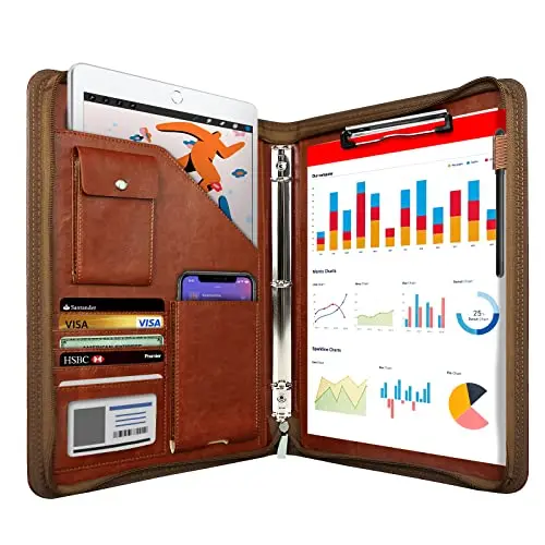 WRIYES A4 Schreibmappe mit Reißverschluss und Klemmbrett, Business Organizer (Braun)