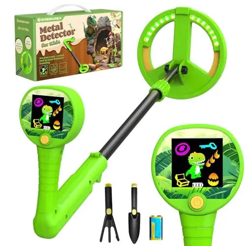 GreenRex Metalldetektor für Kinder, höhenverstellbar, leicht, mit LCD-Display, Ton- & Lichtsignale, lehrreiches Outdoor-Set, grün