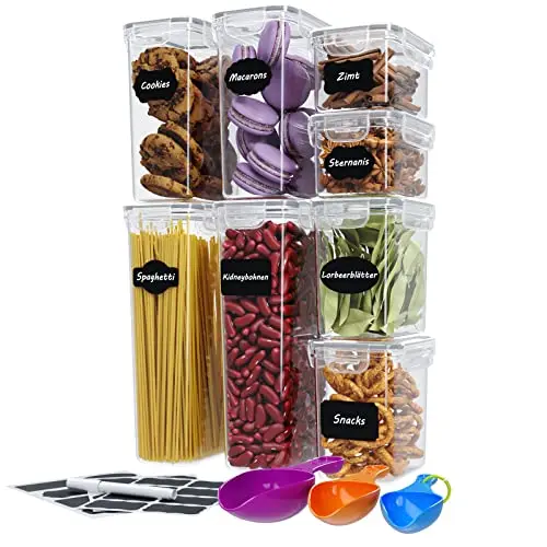 WELLGRO Vorratsdosen Set 8-tlg. mit Etiketten, Kreidestift und Messlöffeln, BPA-frei, auslaufsicher und spülmaschinengeeignet