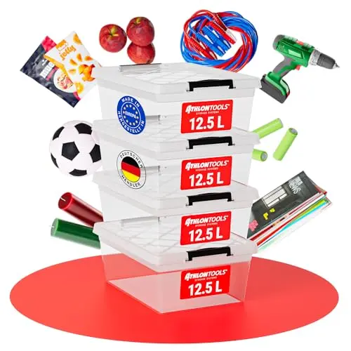 ATHLON TOOLS 4x 12.5 L Aufbewahrungsboxen mit Deckel, lebensmittelecht, stapelbar, transparent
