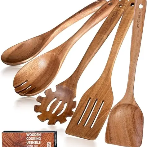 5-teiliges Holzkochset: Salatlöffel, Spaghetti-, Salatgabel, Flach- und Schlitzspatel aus Naturholz