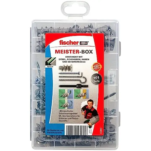 Fischer Meister-Box mit Gipskartondübeln, Schrauben und Haken – 100-teiliges Set für Heimwerker und Profis