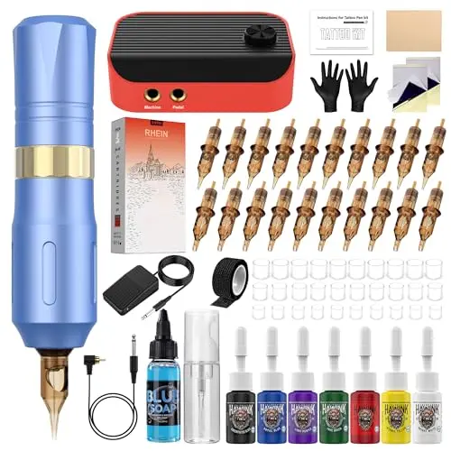 HAWINK Tattoo Maschine Set mit Zubehör, 20PCS Nadeln und 7 Farben, HW-TK1002-3-EU