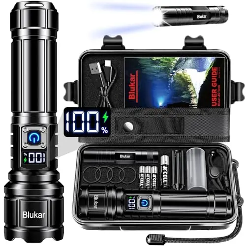Blukar LED Taschenlampe 500000 Lumen, Zoom-Funktion, 5 Lichtmodi, IP67 wasserdicht, ideal für Camping und Outdoor