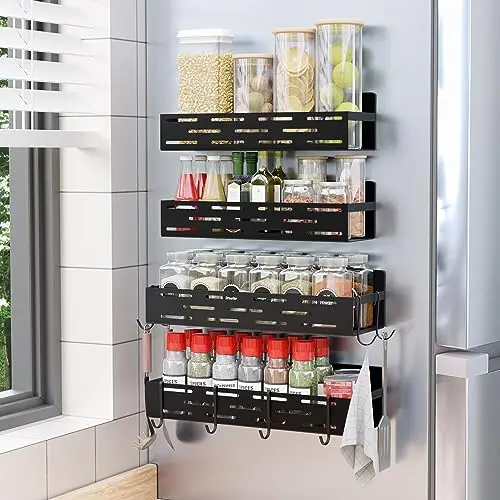 LokRoad Magnetisches Gewürzregal für Kühlschrank - 4 Stück mit 8 Haken, Schwarz