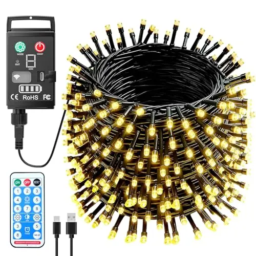 Kinamy LED Lichterkette Außen, 20m, 200 LEDs, Warmweiß, USB aufladbar, 8 Modi, Fernbedienung, wasserdicht für Weihnachten und Balkon