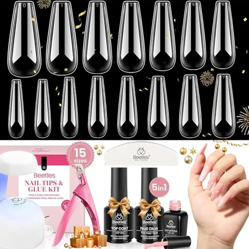 Beetles Gel-Nagel-Set, 600 rosa Sargnagelspitzen mit 5-in-1-Nagelkleber, einfaches Verlängerungsset