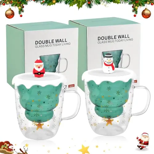 REFORUNG 2er Set Weihnachtstassen mit Deckel - Doppelwandige Kaffeetassen 300ml