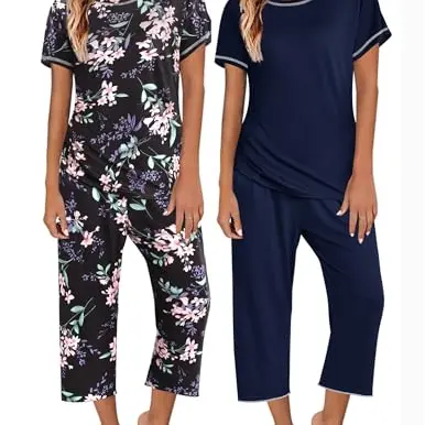 Ekouaer Damen Schlafanzug Set, Kurzarm Top & 3/4 Schlafhose, Blumenmuster, Zweiteiler