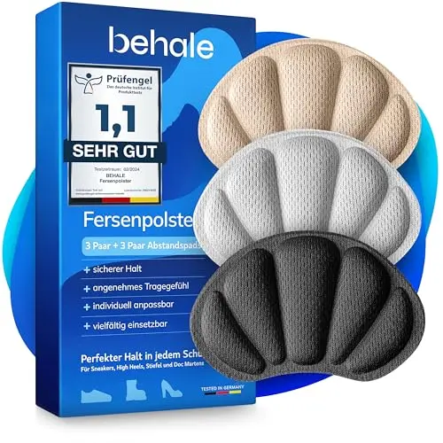 BEHALE Premium Fersenpolster – 3 Paar hautfreundliche Anti-Rutsch Einlagen gegen Blasen