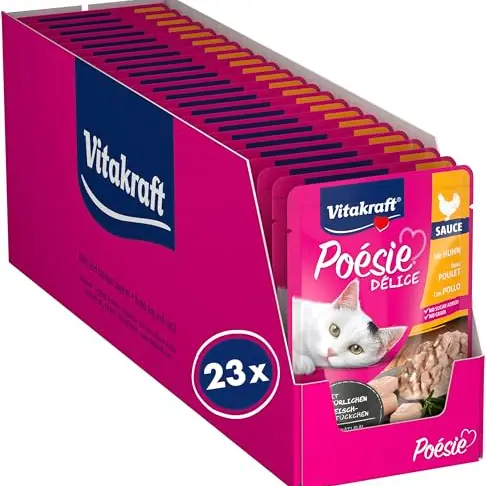 Vitakraft Poésie Délice Katzenfutter in Sauce mit Huhn, Vorratspackung, ohne Zucker & Getreide, 23x85g