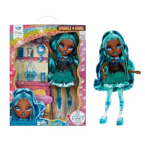 Rainbow High Misty Sparkle & Shine Puppe - 28 cm mit Türkisblauem Haar und Zauberblasen, Für Kinder von 4 bis 12 Jahren