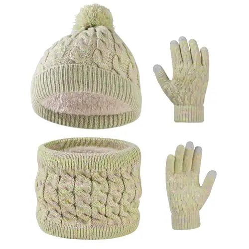 Waylipun Wintermütze Schal Handschuhe Set für Kinder 3-10 Jahre (Grün-Mix)
