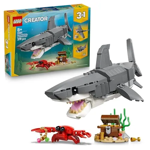 LEGO Creator 3-in-1 Set Wilder Hai mit Schatztruhe – Kreatives Spielzeug für Kinder ab 8 Jahre