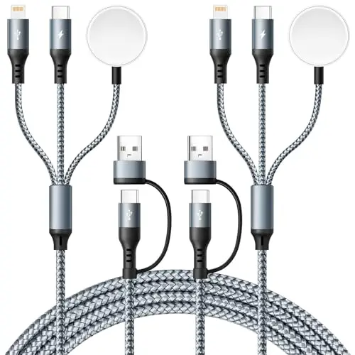 UZAHSK 3-in-2 Multi USB A/C Ladekabel für Apple Watch, iPhone - 1.8M Magnetisches Nylon-Ladekabel