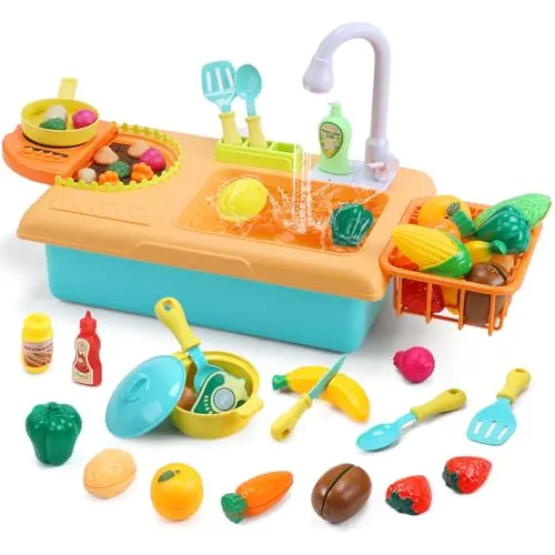 Cute Stone Küchenspüle Spielzeug Set mit fließendem Wasser – Spielküchenzubehör und Kochherd für Kinder ab 3 Jahren