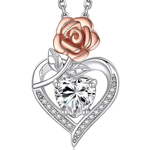 MomentWish Rose Herz Halskette mit 1 Karat Moissanite, liebevolle Blume, Sterling Silber, Geschenk zum Geburtstag oder Jubiläum