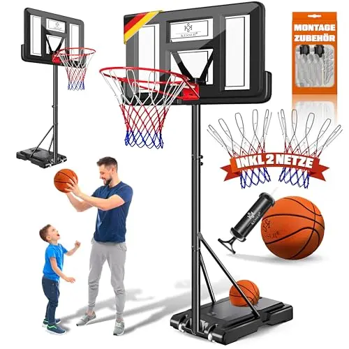 KESSER® Basketballkorb Set höhenverstellbar 160-210cm, mit Rollen, Backboard, 2 Netzen, Pumpe, für Indoor & Outdoor, Schwarz