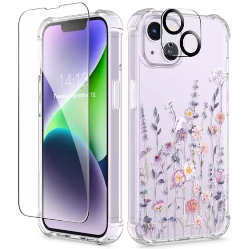 GVIEWIN iPhone 14 Hülle mit Displayschutz und Kamera Schutzfolie, Blume Klar TPU, Dünn und Stoßfest
