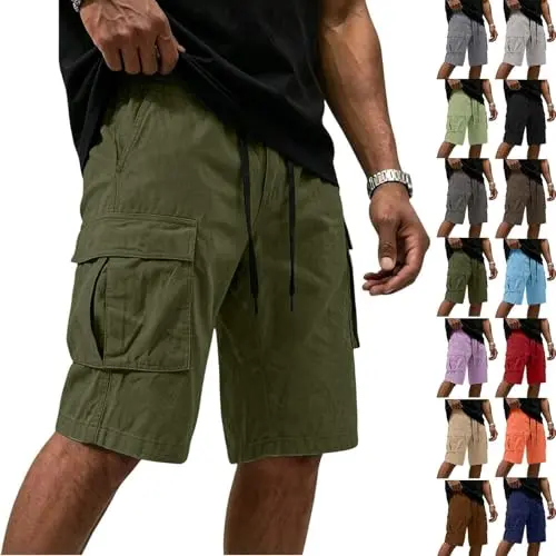 Herren Sommer Arbeitshose Bermuda Shorts, lässige Baumwoll-Shorts mit Gummibund, Kordelzug, kurz und bequem für Freizeit & Outdoor