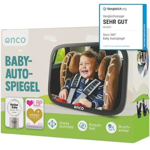 Onco 360° Baby Autospiegel - Preisgekrönt, bruchsicher, rutschfest, klares Sichtfeld, Rückbank Spiegel (17,5 x 24,5 cm)