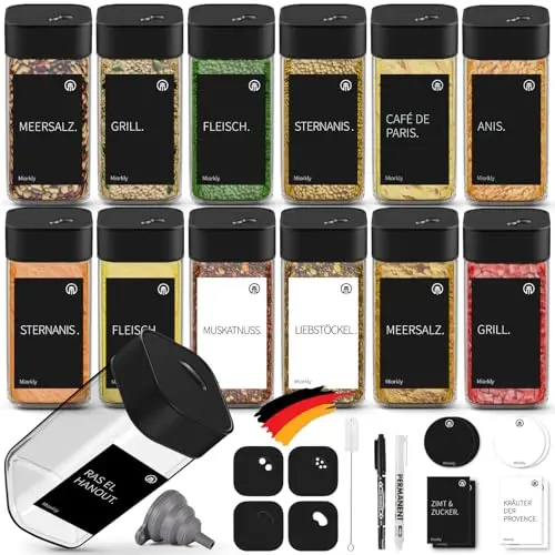 Miorkly Gewürzgläser Eckig - 12er Set mit Drehdeckel, 120ML Gewürzstreuer Set mit Etiketten und Trichter