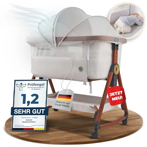 KUNU® Babybett - Beistellbett mit Rollen 3 in 1 - Höhenverstellbare Reise Babywiege inkl. Reisetasche