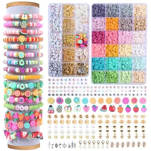 WLIAGYE Perlen Set für Armbänder - 24 Farben, 6mm, mit Buchstaben und Frucht Anhängern für DIY Schmuck