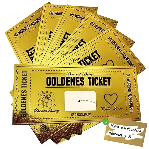6 Set Goldene Ticket Rubbellose Wunschgutschein - Gutschein für Valentinstag, Geburtstag, Reise & Kino, Geschenkidee mit Umschlag