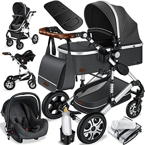 KESSER® 3 in 1 Kinderwagen Set mit Babywanne, Buggy & Babyschale, Asphalt Grau/Silber