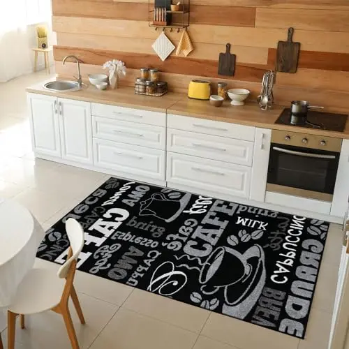 VIMODA Küchenteppich Coffee Design Modern Schwarz, ideal für Lounge oder Küche, Maße: 40x60 cm