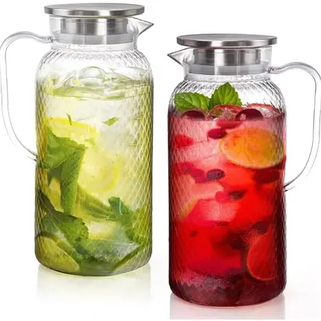 VGECEE 2er Set Wasserkrug 1.8L mit Deckel - BPA-freie Kunststoff Karaffe für Saft, Eistee & Limonade