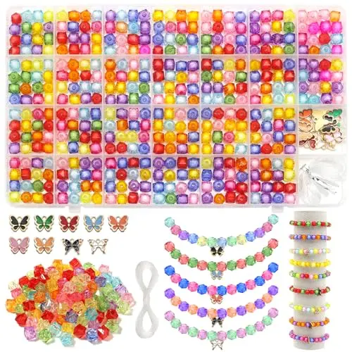 FEMBW Armband Perlen Set – Bunte 8mm Kristall- und Doppelkegelperlen mit 6 Metall Schmetterling Anhängern für DIY Schmuck