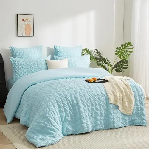 Boqingzhu Seersucker Bettwäsche Set Blau 135x200cm Atmungsaktiv für den Sommer